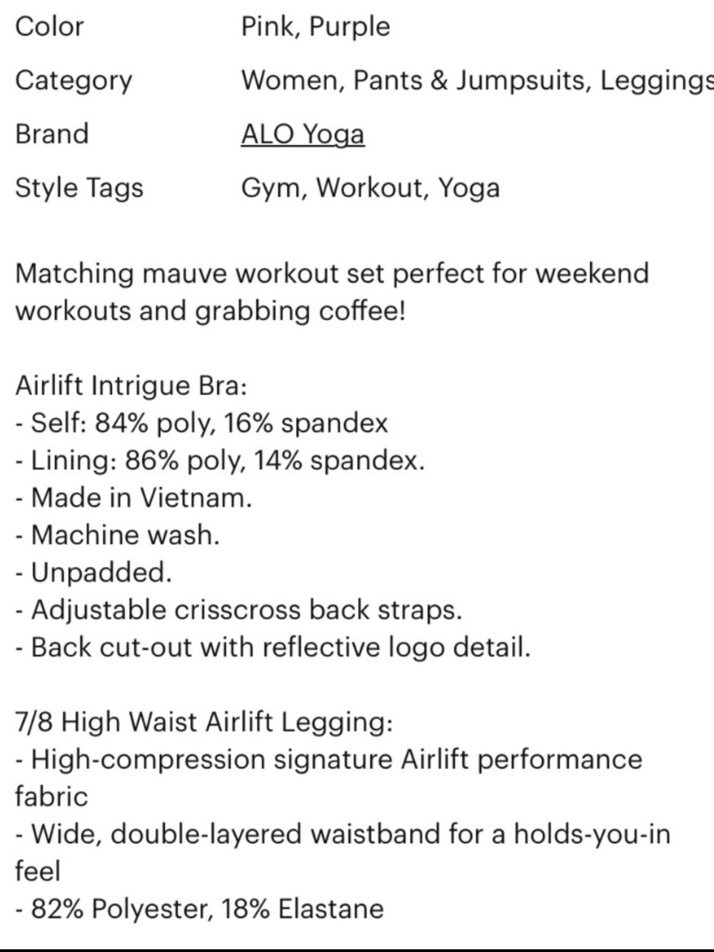 ALO Matching set Airlift Intrigue Sports Bra & Leggings RARE Color Mauve Size XS - Picture 14 of 15